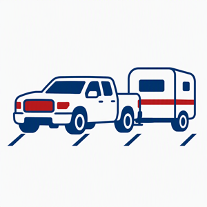 A white pickup truck towing a red and white trailer.